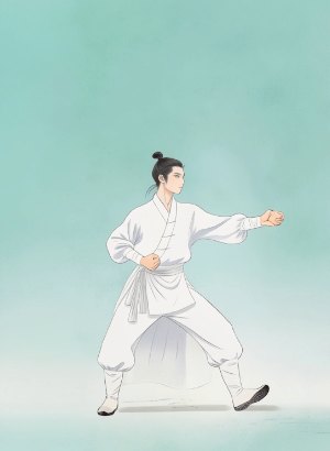 martial artist in white kung fu uniform performing a punch stance